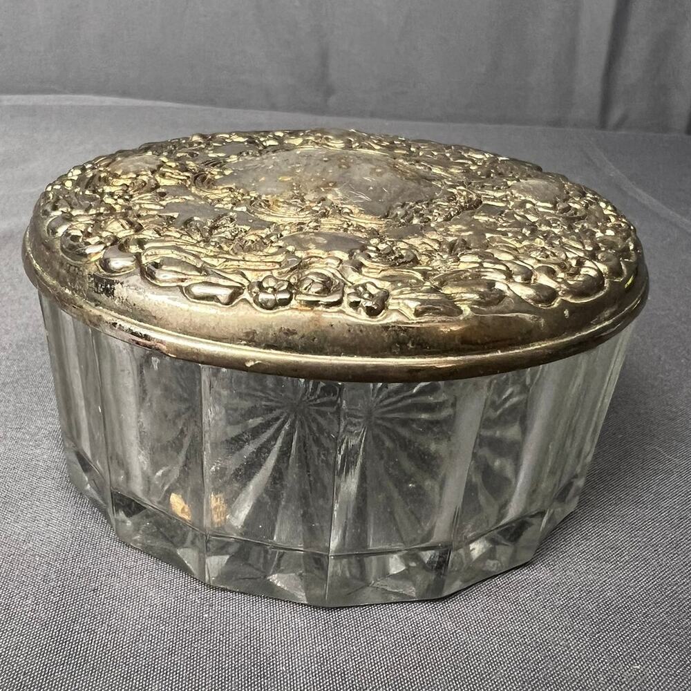 Vintage Glass Vanity Powder Container Silver Plated Lid